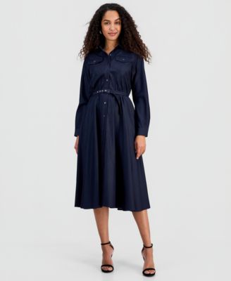 Women's Belted Button Long-Sleeve Fit & Flare Dress