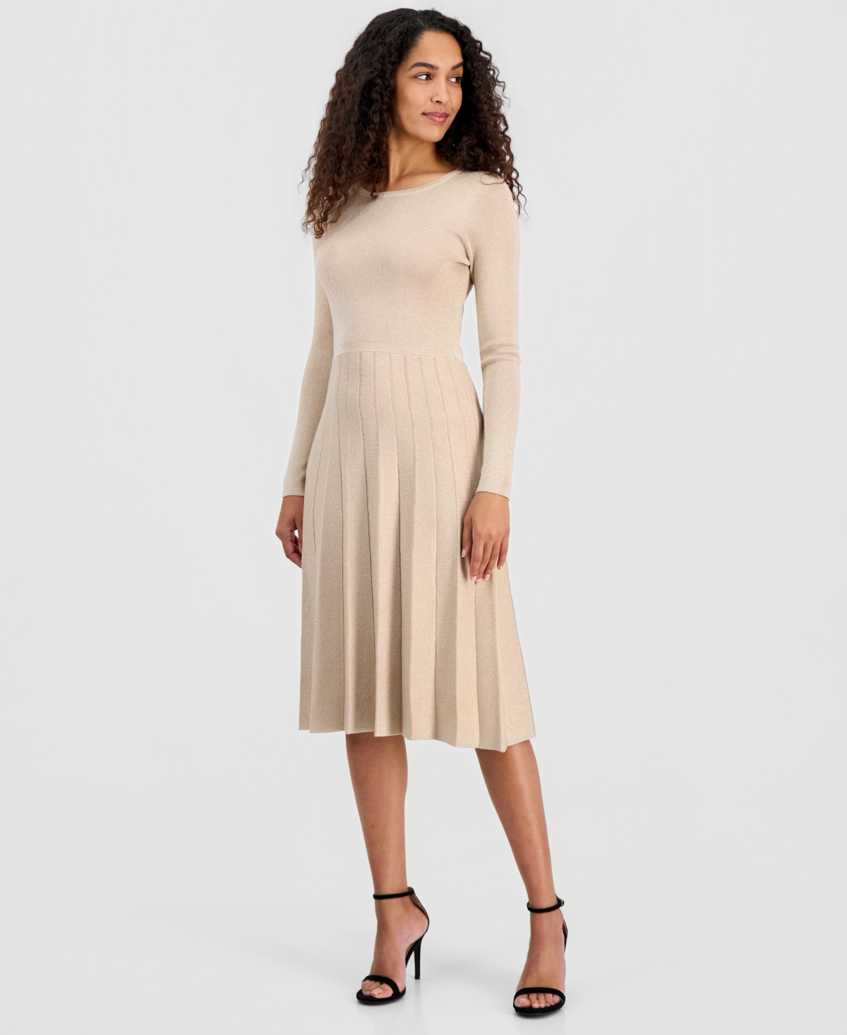 T Tahari Women's Metallic Long-sleeve Fit & Flare Dress