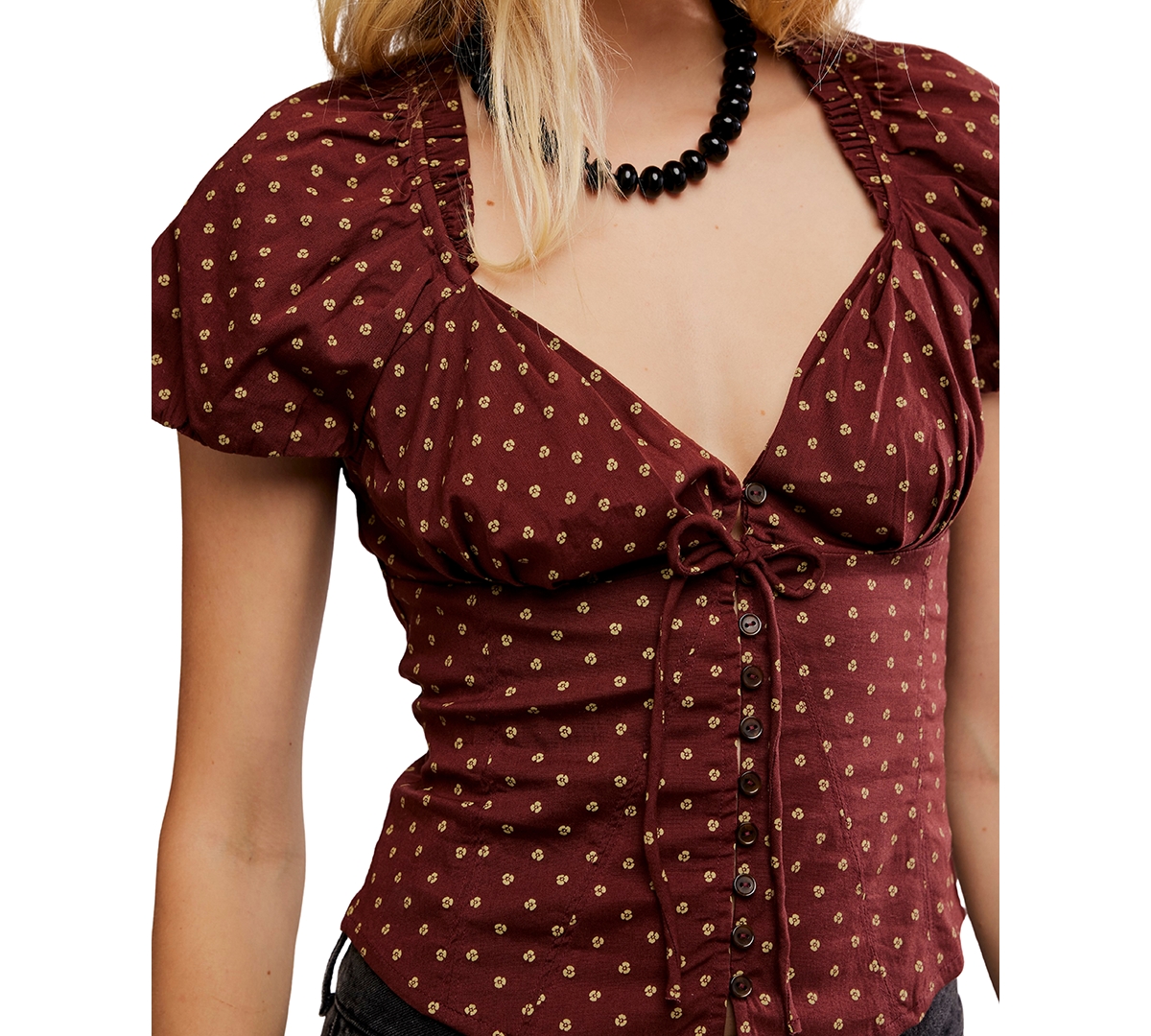 Free People Women's Summer Printed Sweetheart Neck Blouse