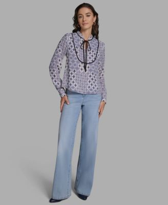 Women's Tie-Collar Long-Sleeve Printed Top