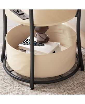 Side Table with Charging Station, 3-Tier Round End Table, Natural