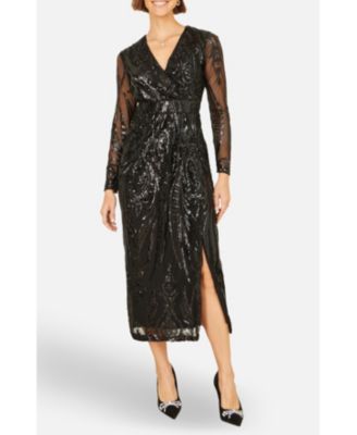 Women's Sequin Midi Long Sleeve Wrap Dress