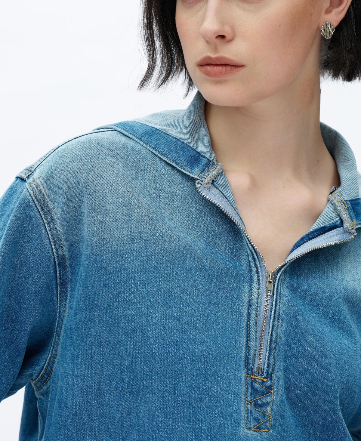 Bayeas Women's Vintage-Wash Cropped Denim Zip-Front Hoodie Jacket