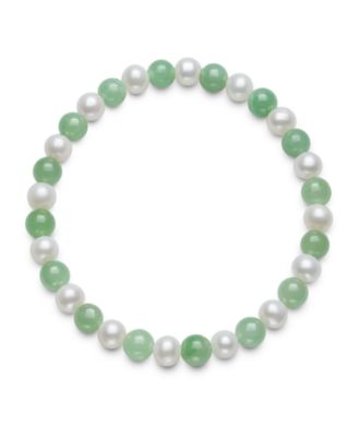 Cultured Freshwater Pearl (6-7mm) and 6mm Jade Stretch Bracelet and Stud Set in Sterling Silver