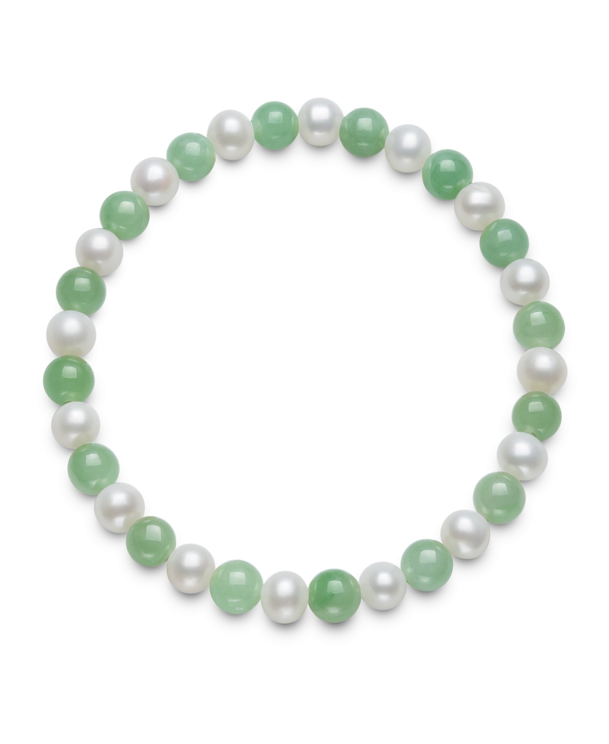 Macy's Cultured Freshwater Pearl (6-7mm) And 6mm Jade Stretch Bracelet And Stud Set In Sterling Silver In Green
