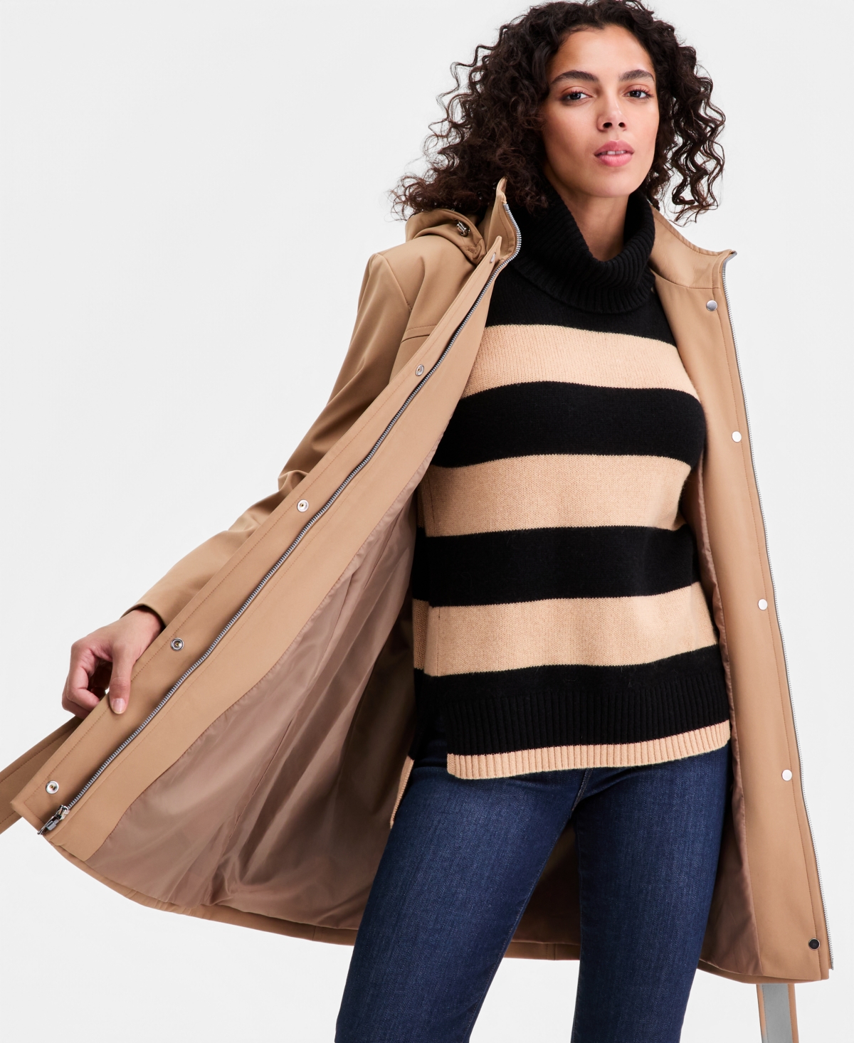 Calvin Klein Petite Belted Zip-Front Raincoat