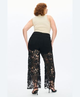 Plus Size High-Rise Embroidered Lace Rhinestone Wide-Leg Jeans
