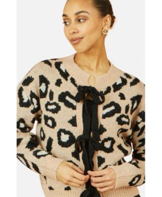 Women's Animal Print Intarsia Tie Front Cardigan