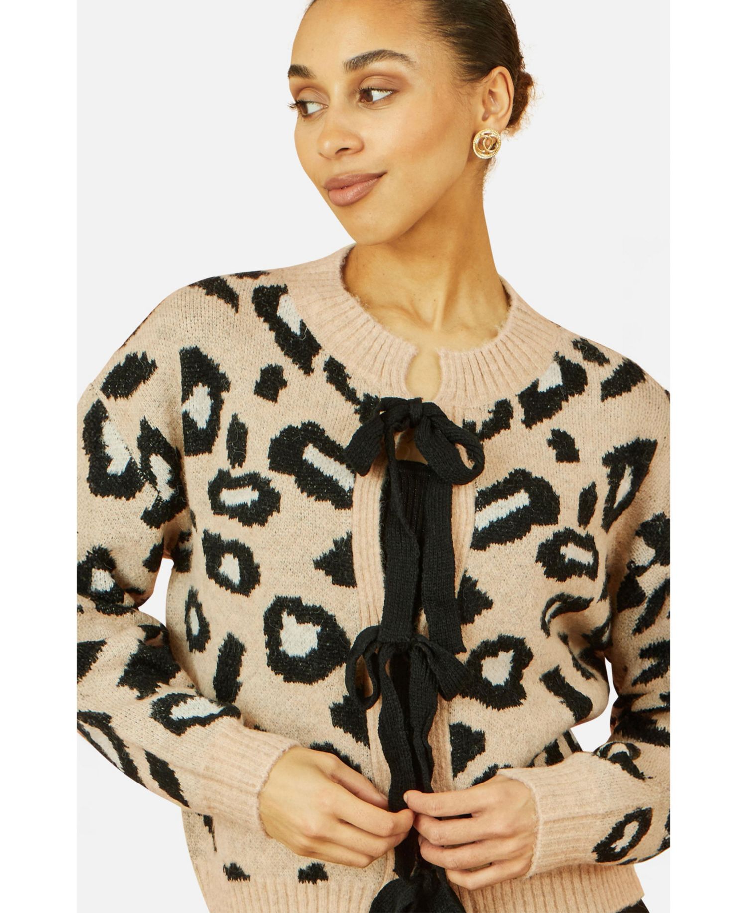 Women's Animal Print Intarsia Tie Front Cardigan