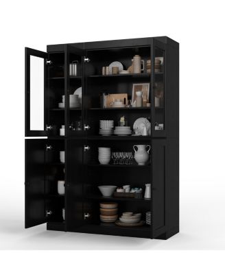 100% Solid Wood 48.5" Pantry China Cabinet with Clear Glass, Shaker Doors & Adjustable Shelves