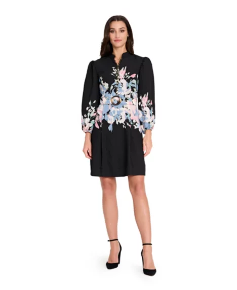 Petite Long-Sleeve Mandarin Collar Dress - Black Multi