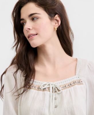 Women's Embroidered Square-Neck Peasant Top
