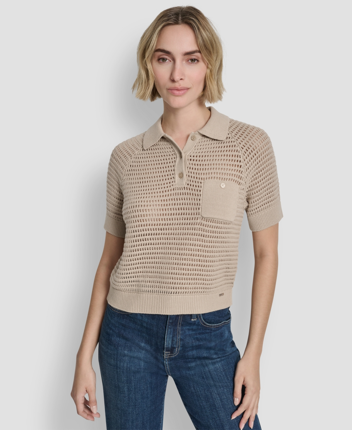 Dkny Jeans Women's Short-Sleeve Polo Collar Faux Crochet Stitch Sweater