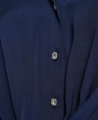 Women's Long-Sleeve Rhinestone Button Front Shirt With Twist Hem