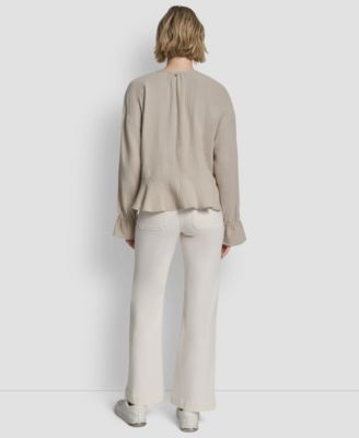 Women's Long-Sleeve Double Crepe Gauze Tie Neck Crop Top