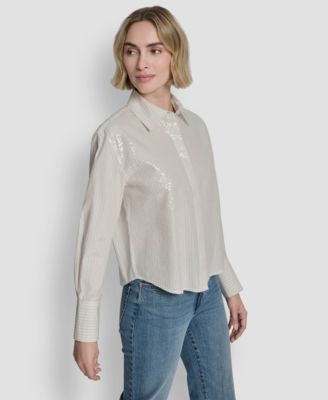 Women's Logo Embroidery and Sequin Button-Front Shirt