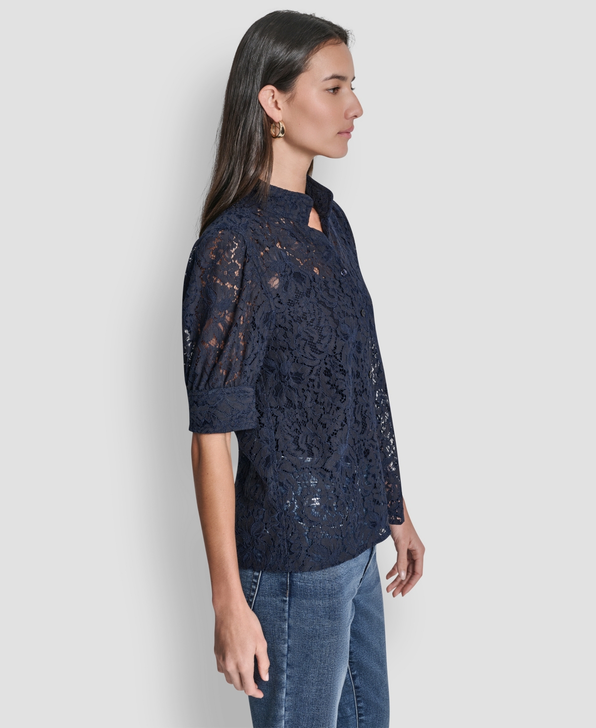 Dkny Jeans Women's Lace Puff Sleeve Stand Collar Shirt