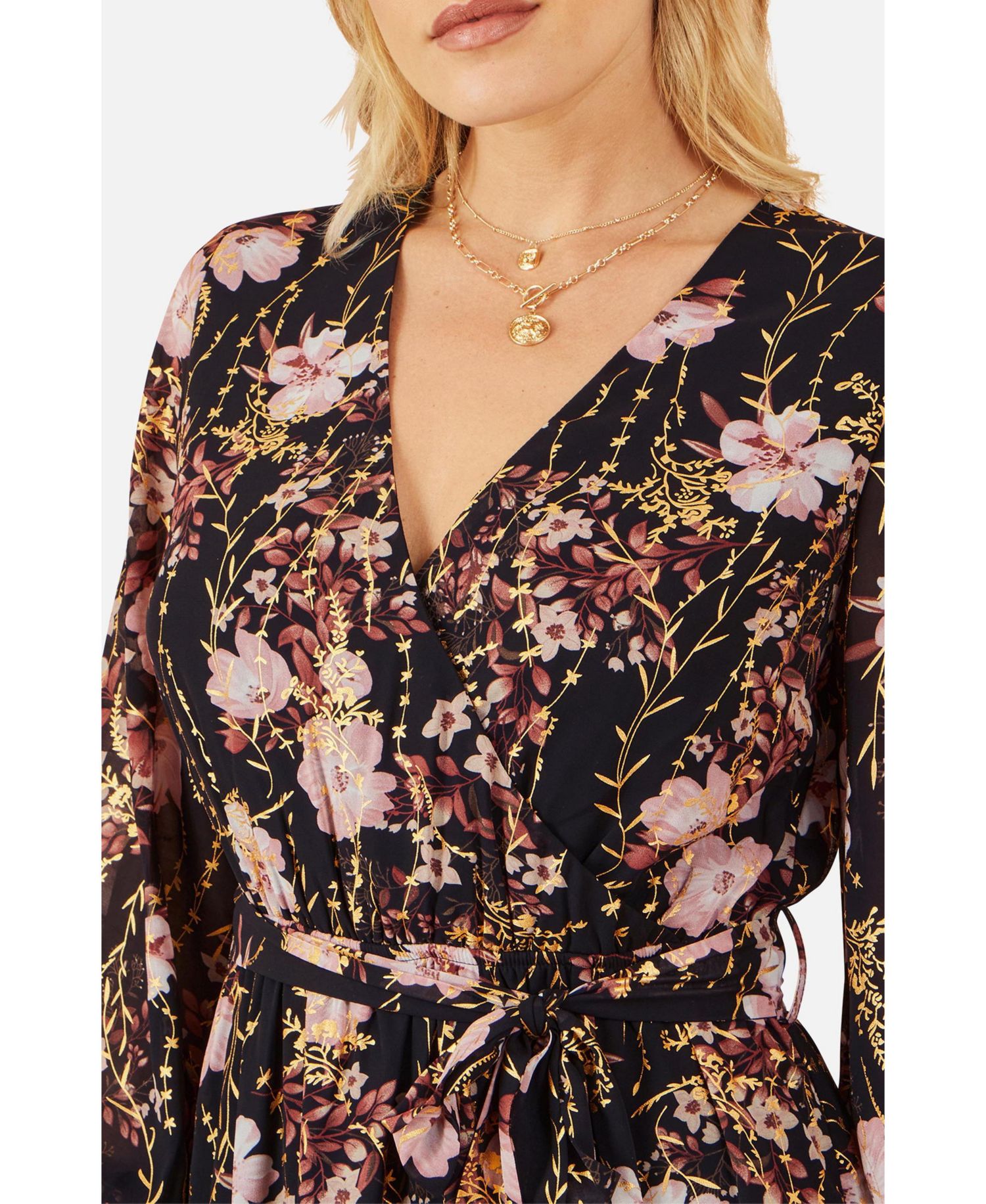 Women's Foiled Floral Print Wrap Midi Dress