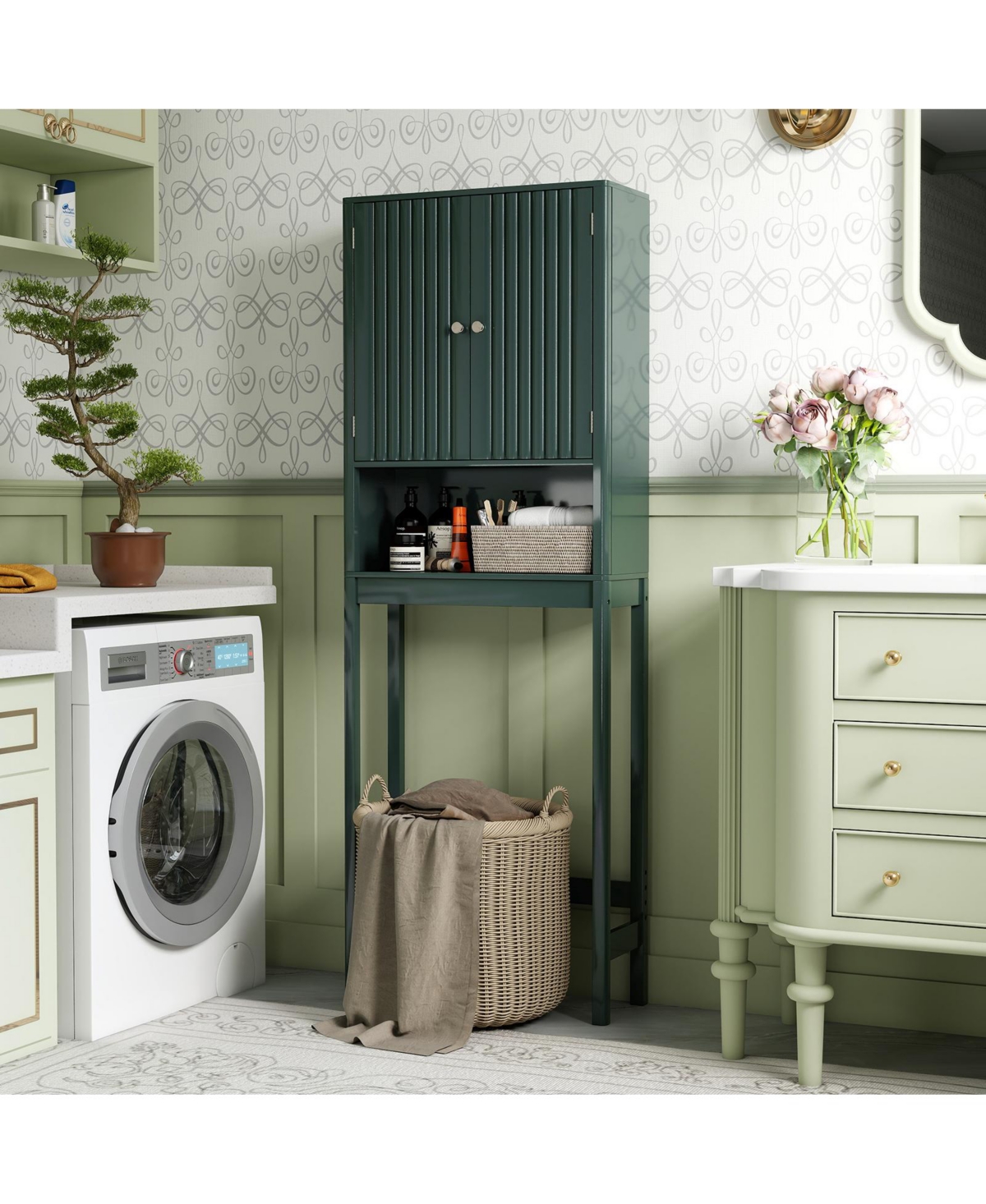 Gymax 66'' Over the Toilet Storage Cabinet w/Fluted Doors Adjustable Shelf & Bottom Bar