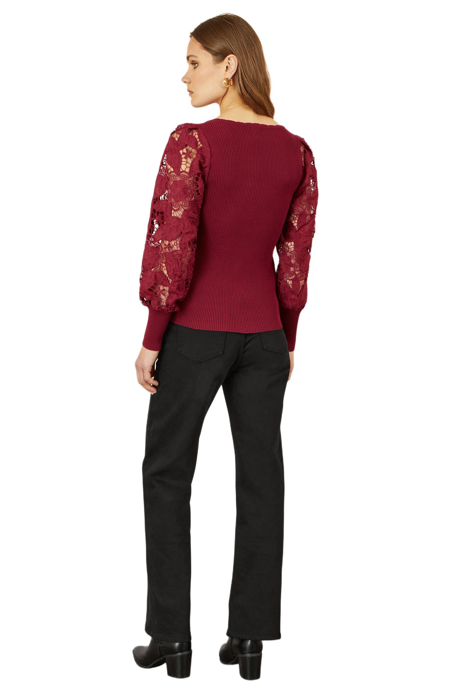 Women's Ribbed Knitted Lace Sleeve Sweater