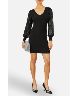 Women's Knitted Fitted Dress With Sequin Sleeves