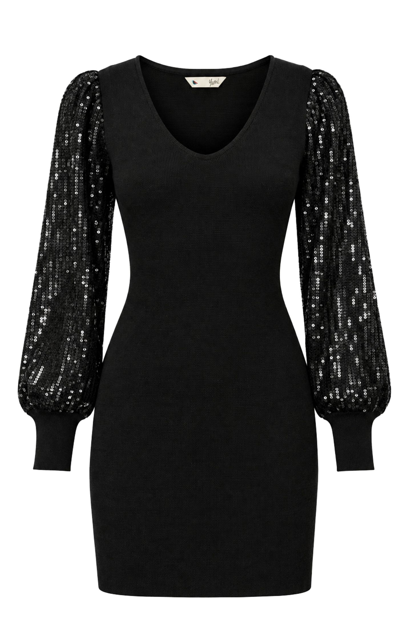 Женское платье Yumi Knitted Fitted Dress With Sequin Sleeves, цвет: Чёрный — фото 4