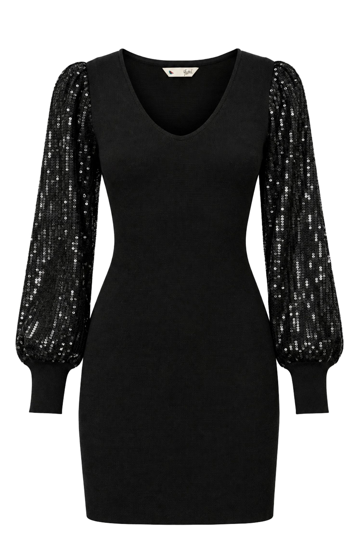 Women's Knitted Fitted Dress With Sequin Sleeves