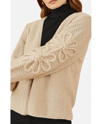 Women's Floral Sleeve Chunky Knit Open Front Long Cardigan Sweater