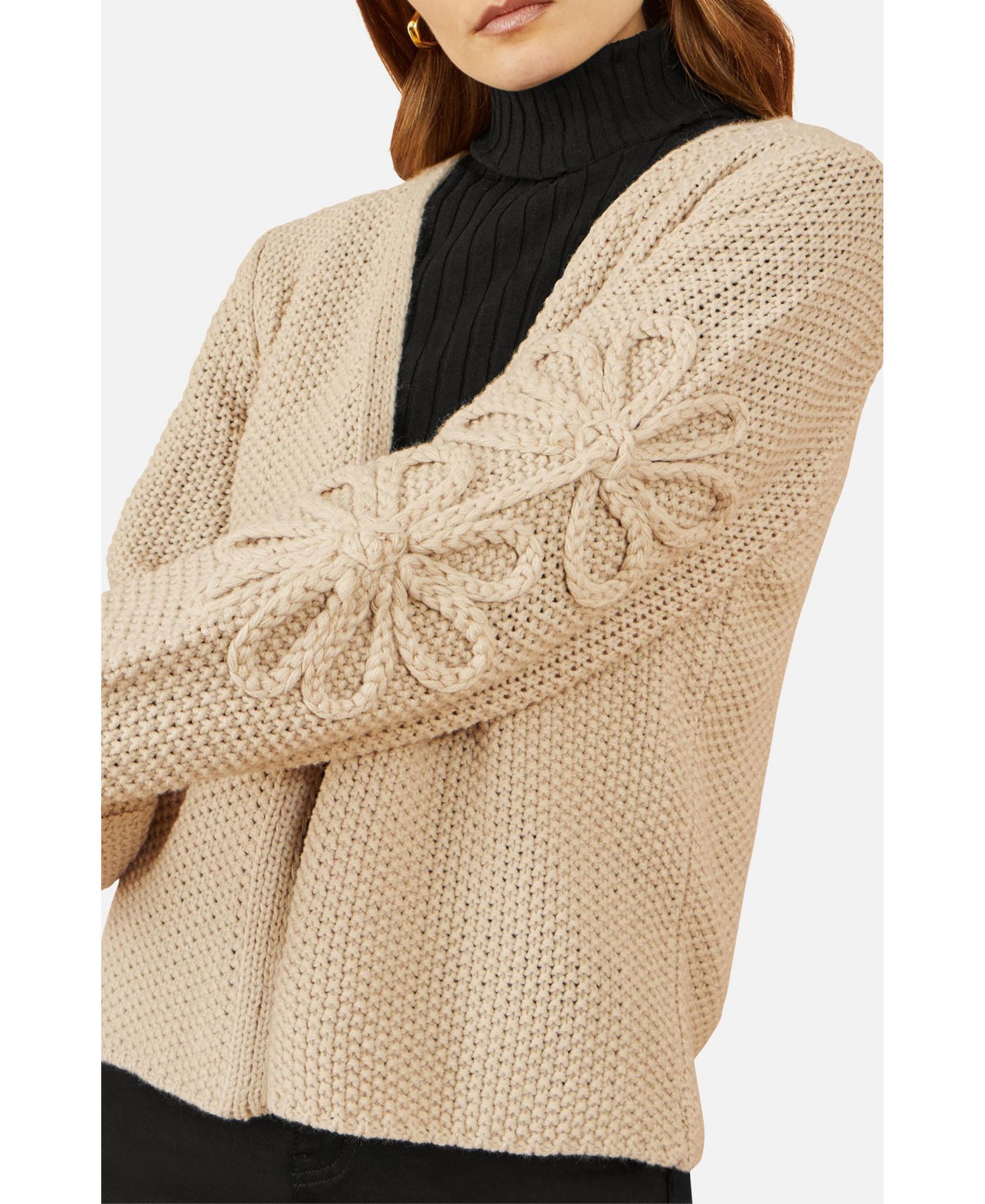 Women's Floral Sleeve Chunky Knit Open Front Long Cardigan Sweater