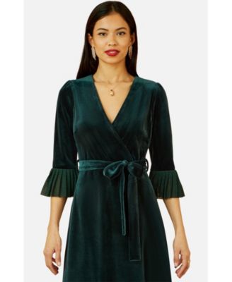Women's Velvet Wrap V-Neck Midi Dress