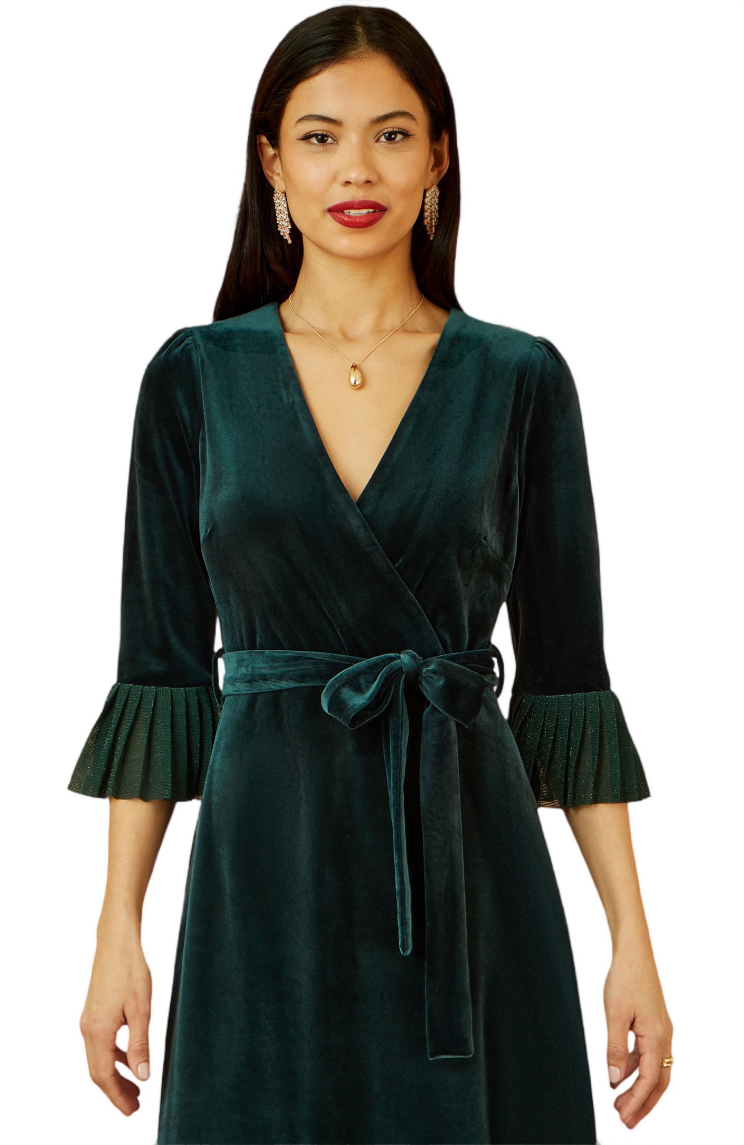 Women's Velvet Midi Pleat Detail Wrap Dress