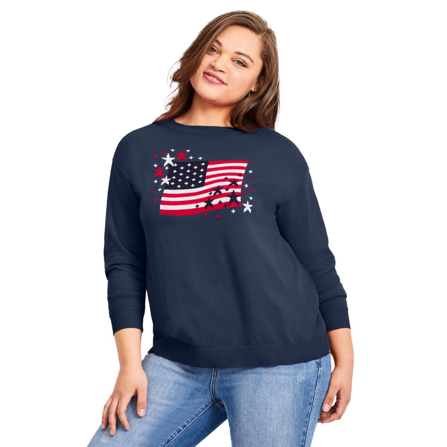 Women's Plus Size Americana Long Sleeve Crewneck Sweater
