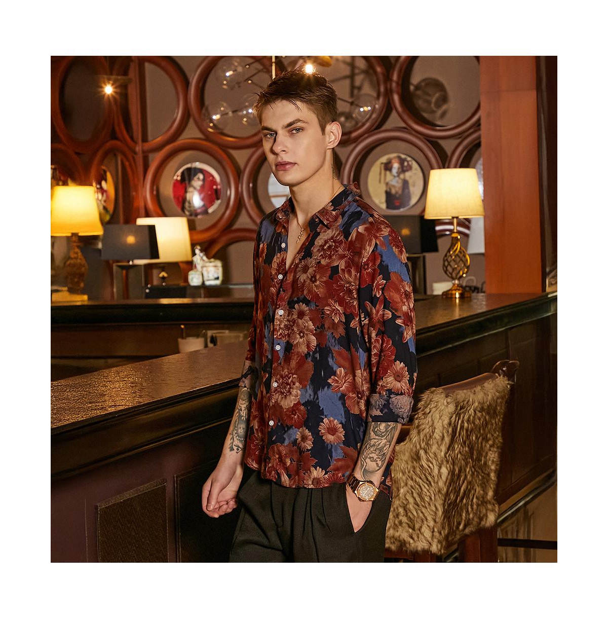 Campus Sutra Men's Chocolate Brown & Midnight Black Floral Overlap Shirt