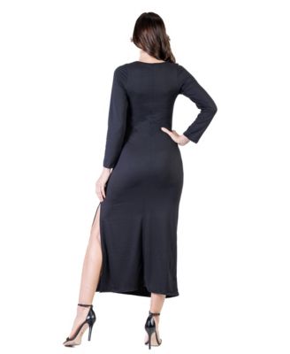 Petite Long Sleeve Side Slit Fitted Maxi Dress