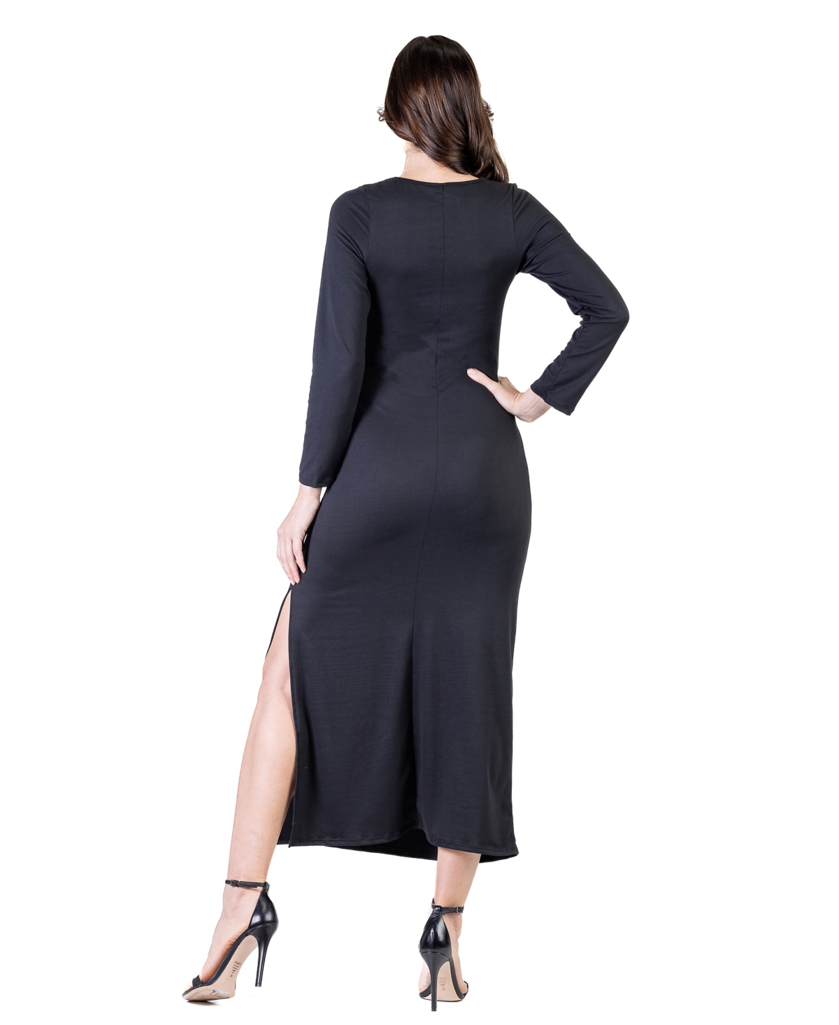 24seven Comfort Apparel Petite Long Sleeve Side Slit Fitted Maxi Dress In Black