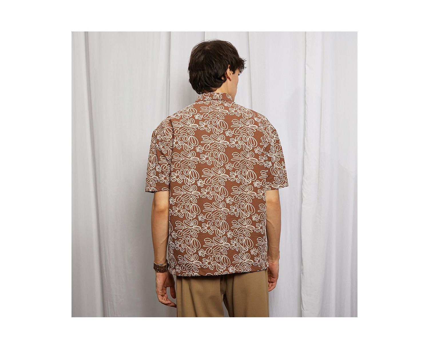 Men's Mocha Brown Floral-Lined Oversized Shirt
