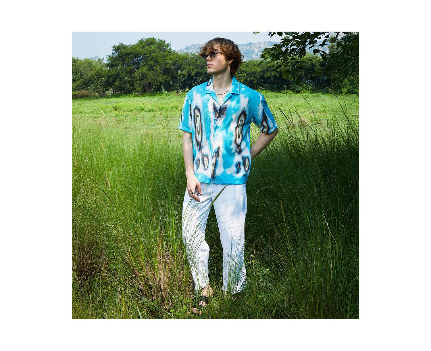 Men's Sky Blue Topography Mesh Oversized Shirt