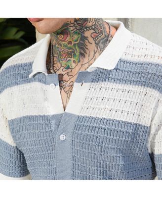 Men's Icy Blue & Daisy White Panel-Knit Relaxed Shirt