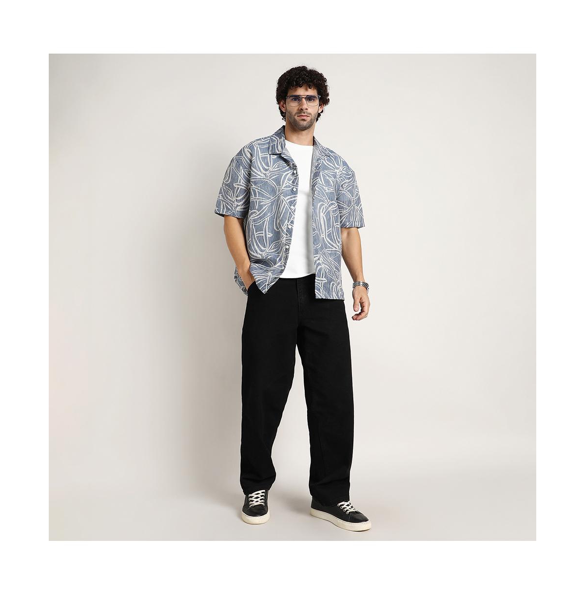 Campus Sutra Men's Steel Blue Vine-Lines Resort Oversized Shirt