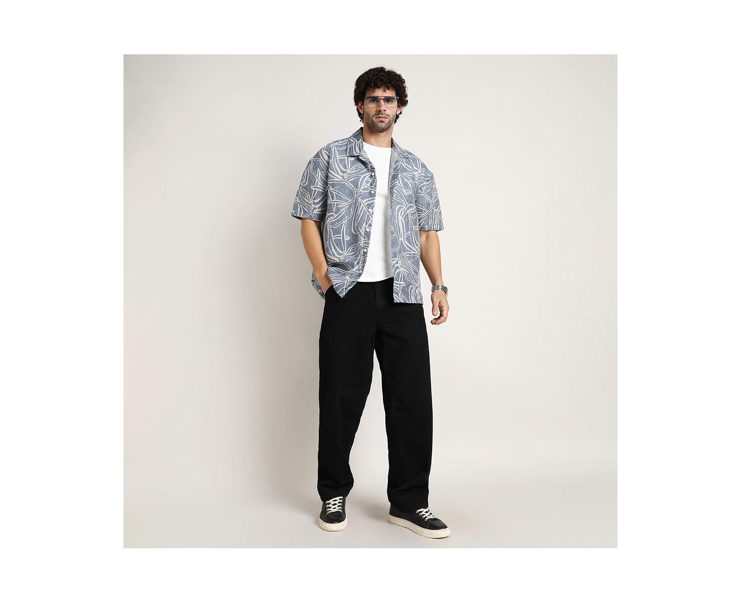 Men's Steel Blue Vine-Lines Resort Oversized Shirt