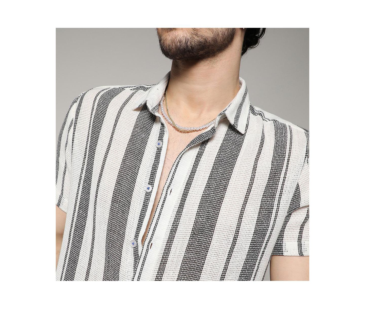 Мужская рубашка Cahoot Campus Sutra White & Grey Unbalanced Striped Woven, цвет: Белый — фото 7
