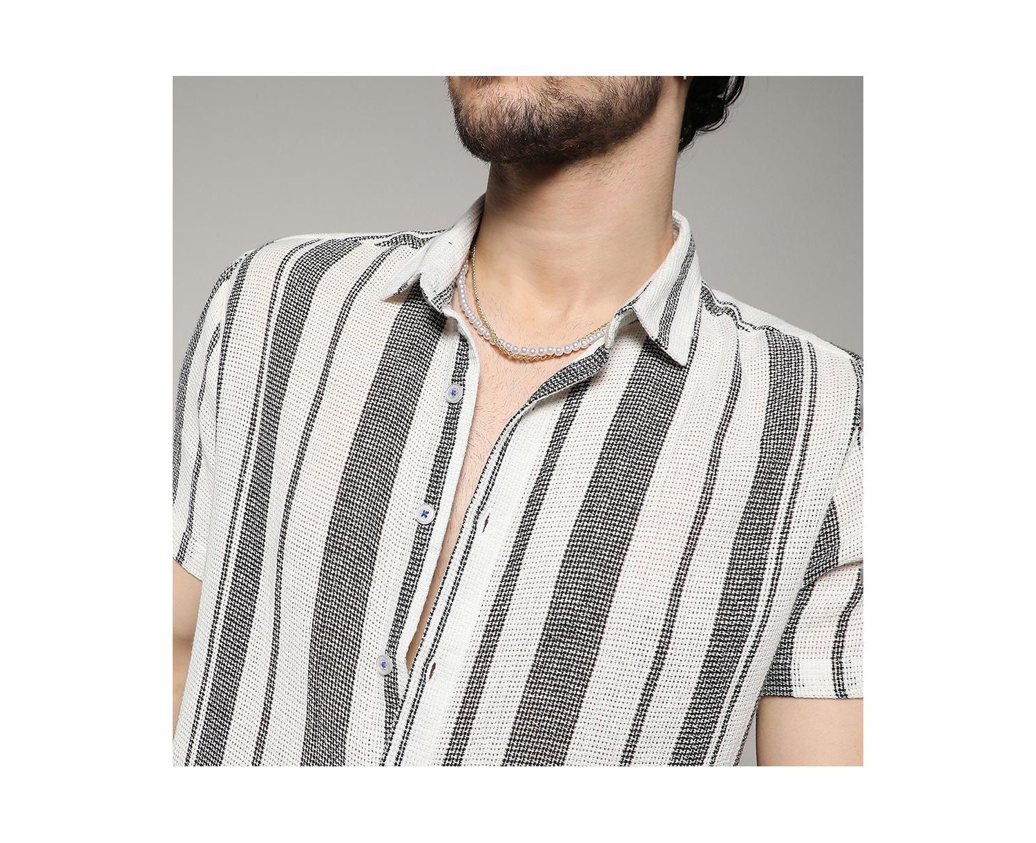 Men's White & Grey Unbalanced Striped Woven Shirt