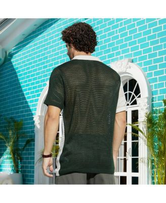 Men's Emerald Green & Cream White Block Open-Knit Polo Shirt