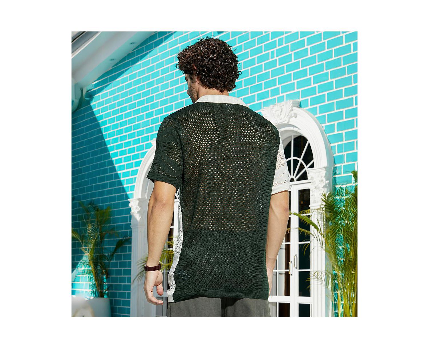 Men's Emerald Green & Cream White Block Open-Knit Polo Shirt