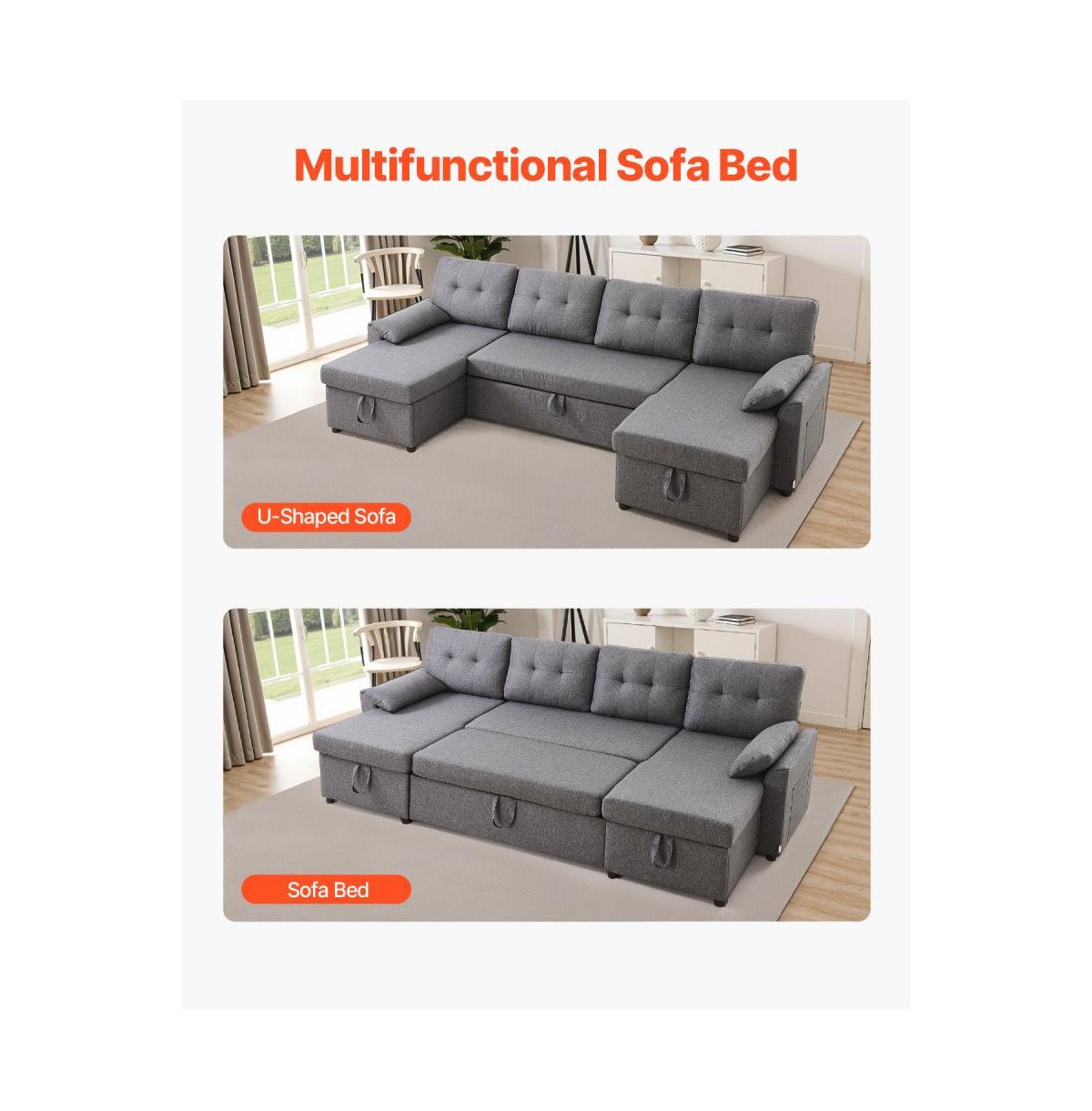 Slickblue U-Shaped Convertible Sofa Bed with Chaise and Pull-Out Sleeper