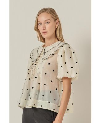 Women's Scalloped Collar Sheer Polka Dot Blouse