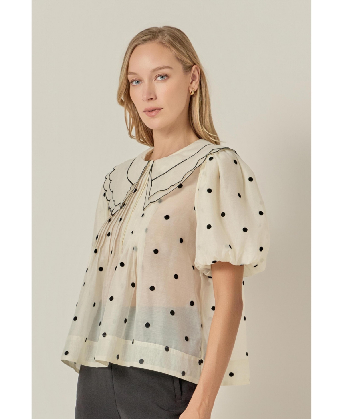 English Factory Women's Scalloped Collar Sheer Polka Dot Blouse