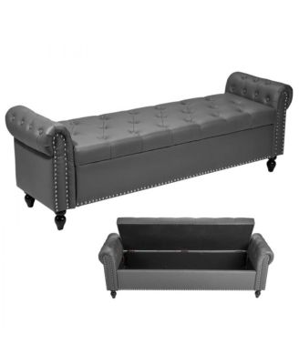 Upholstered Storage Bench with Tufted Seat and Wood Legs