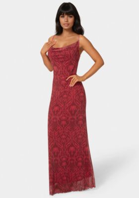 Women's Printed Mesh Cowl Gown
