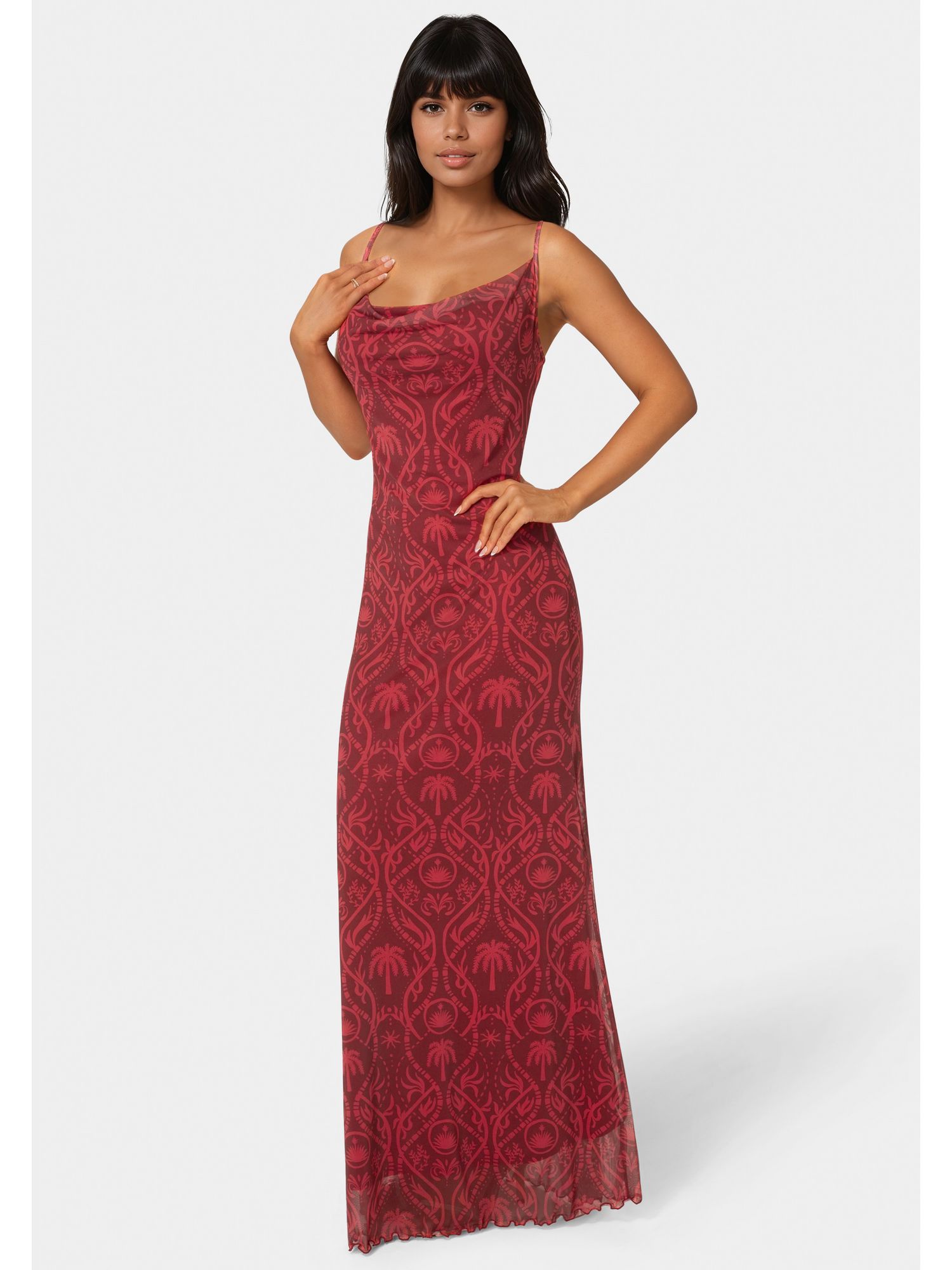 Women's Printed Mesh Cowl Gown